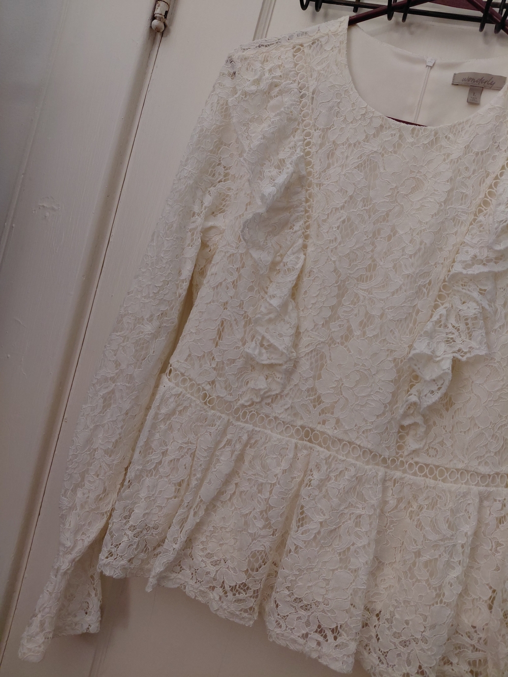 Wonderly White Floral Lace Ruffle Peplum Long Sleeve Top Blouse Large L - Picture 5 of 7